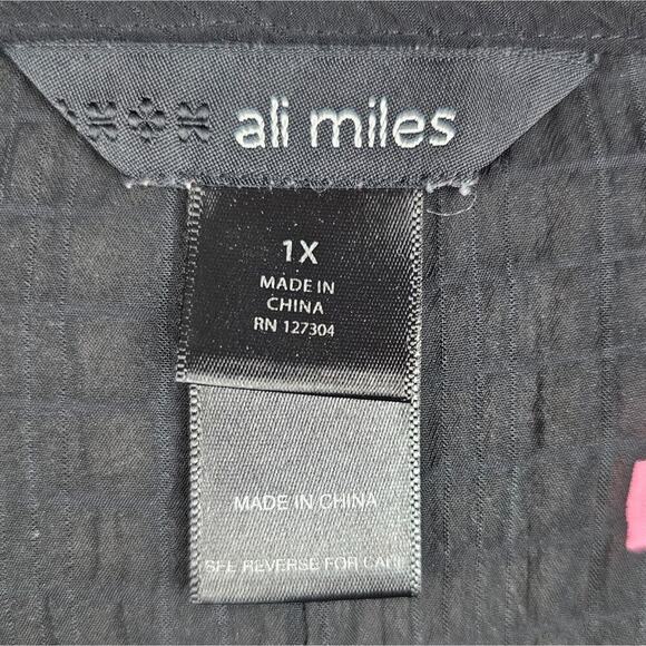 Ali Miles Blouse 1X Geometric Sheer Button Retro Relaxed Timeless Artsy Black - Picture 2 of 7